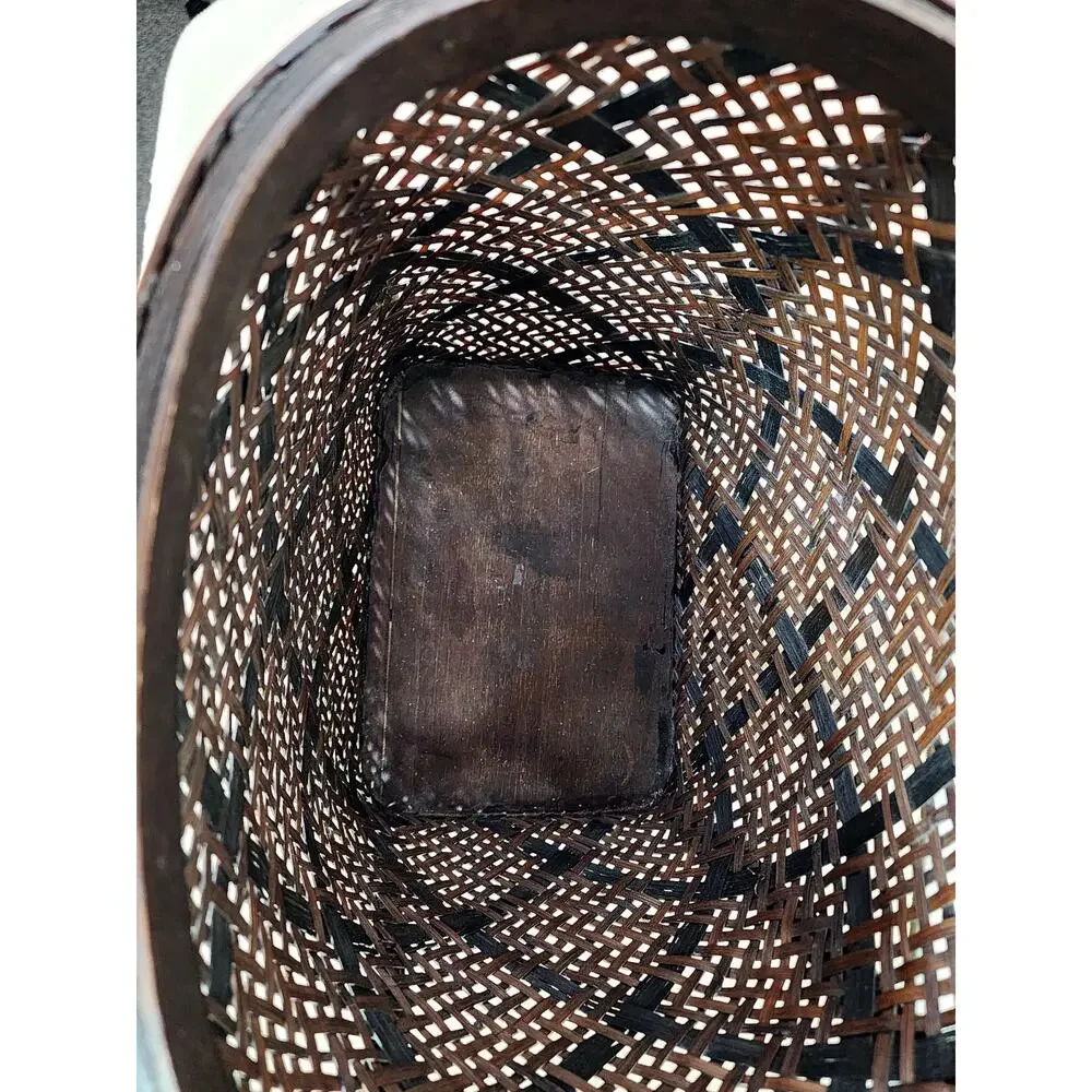 Woven Rattan Lidded Large Basket w/ Lid Brass Accent Asian Inspired 80s Vintage